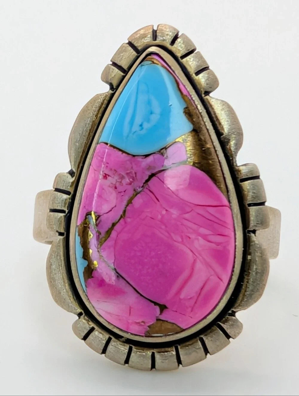 Cotton Candy Turquoise S925 Sterling Silver Gemstone Pear Adjustable Ring